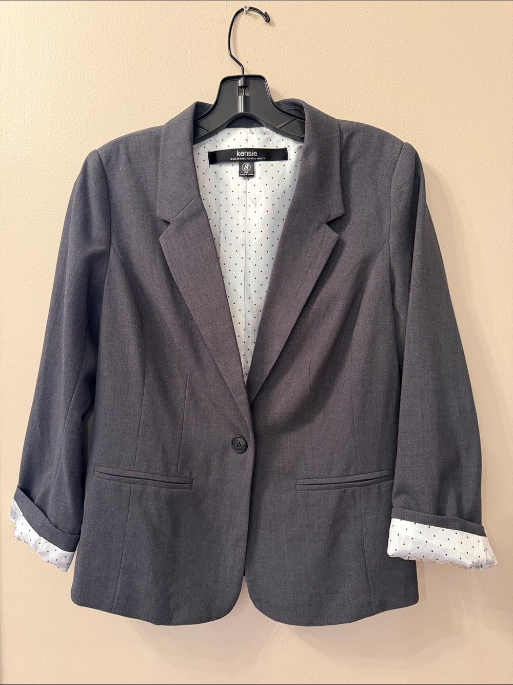 Kensie Women's Charcoal Single-Button Blazer with Polka-Dot Lining